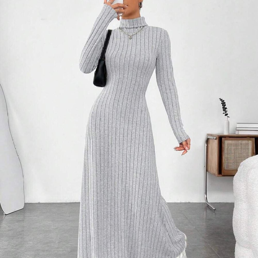 Bodycon Long Sleeve Ribbed Dress - 우아한 가을 하이 칼라 긴소매 슬림