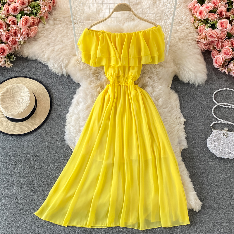 Off Shoulder Puff Sleeve Sundress - 여성용 옐로우 솔리드 비치 원피스, 섹시한