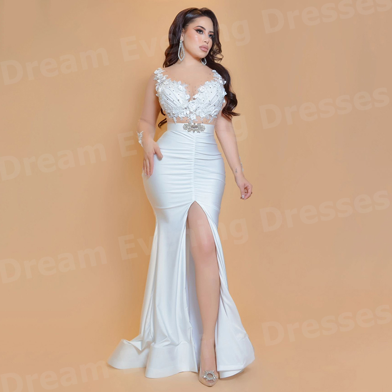 Elegant Satin Evening Gown Split - 우아한 화이트 머메이드 여성 이브닝 드레스