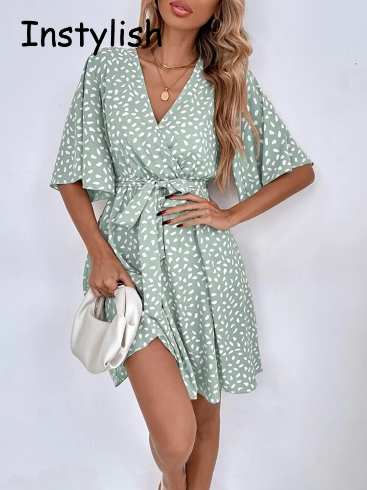 French Vintage Floral Midi Dress - 캐주얼 도트 프린트 미니 드레스 벨트,