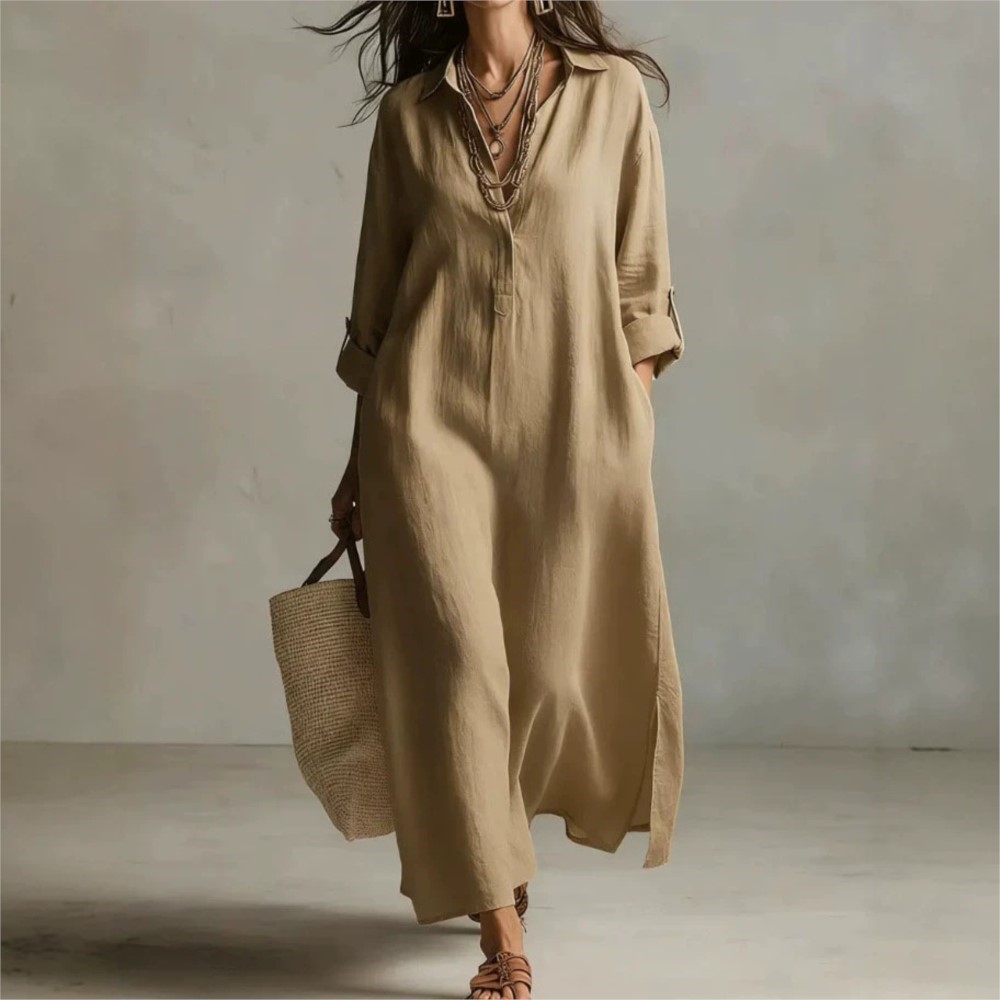 Casual Loose Linen Shirt Dress - 여성 빈티지 린넨 셔츠 드레스 라펠