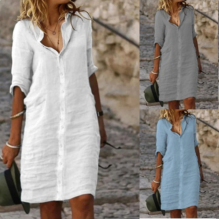 Casual Loose Linen Shirt Dress - 루즈핏 버튼다운 미디 셔츠 드레스 코튼