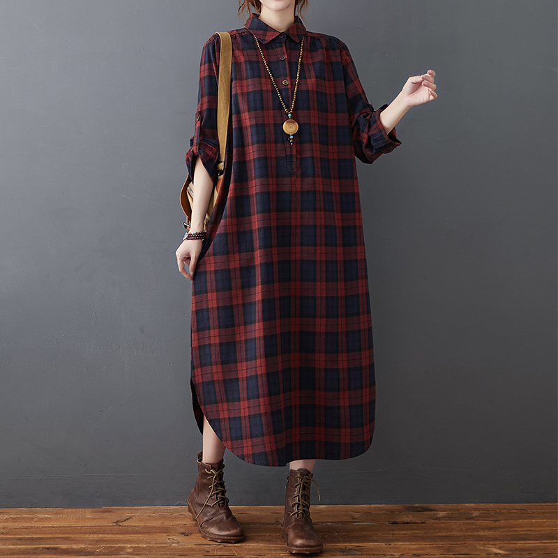 Casual Loose Linen Shirt Dress - 면 린넨 드레스 여성용 가을 신상