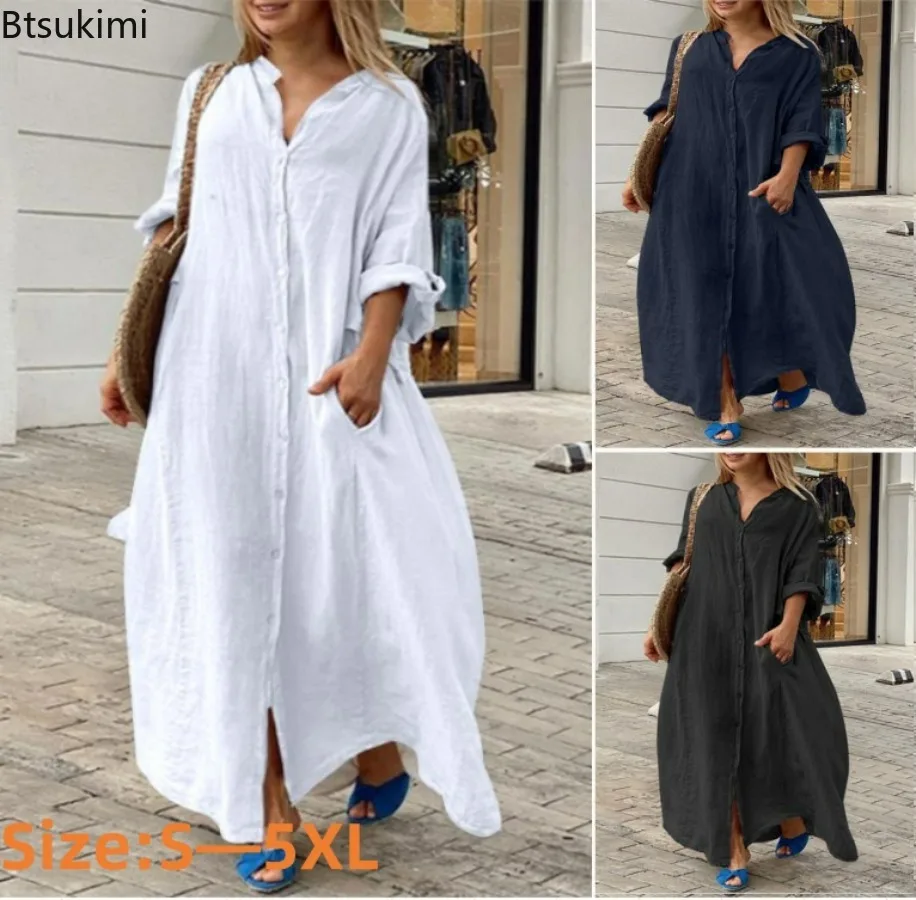 Casual Loose Linen Shirt Dress - 2026 여성 캐주얼 코튼 린넨 롱