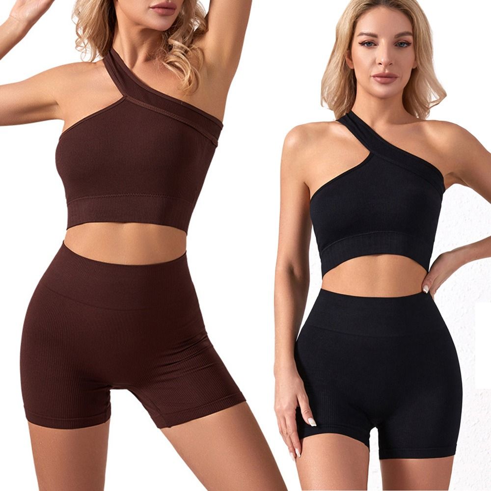 Seamless Ribbed Workout Tank Top - 2피스 캐주얼 심리스 여성 운동복 세트,