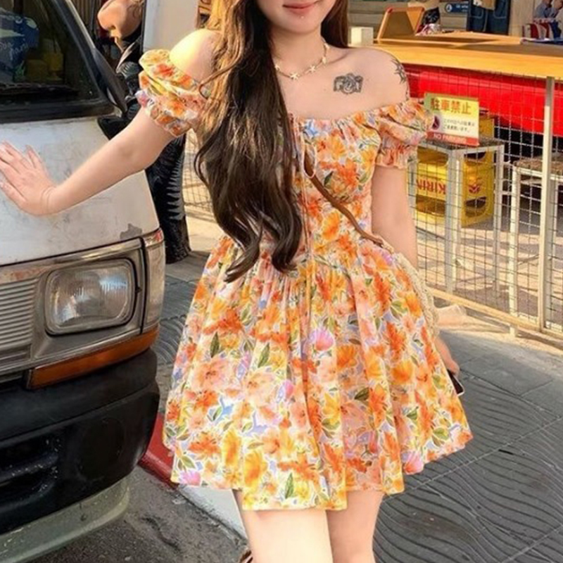 Off Shoulder Puff Sleeve Sundress - 여성용 오렌지 꽃무늬 프린트 오프 숄더
