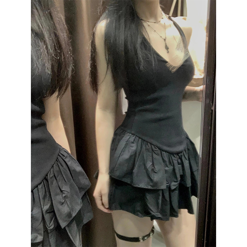 Y2K Backless Halter Mini Dress - MEXZT Y2K 블랙 미니 드레스 여성