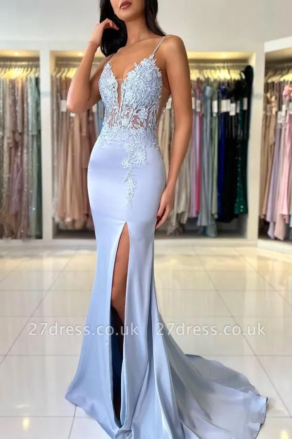 Elegant Satin Evening Gown Split - 우아한 머메이드 라이트 블루 프롬 드레스,