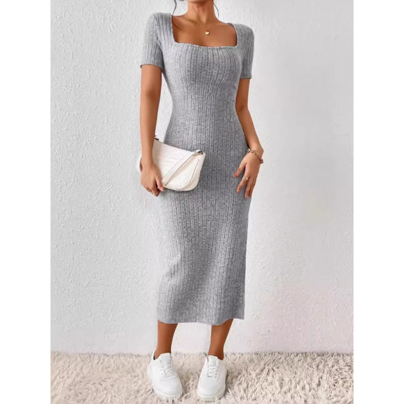 Bodycon Long Sleeve Ribbed Dress - 여성용 빈티지 골지 니트 미디 드레스,
