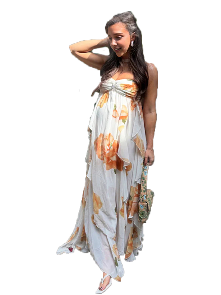 Boho Summer Beach Maxi Dress - 보헤미안 플로럴 임부복 사진 촬영 드레스