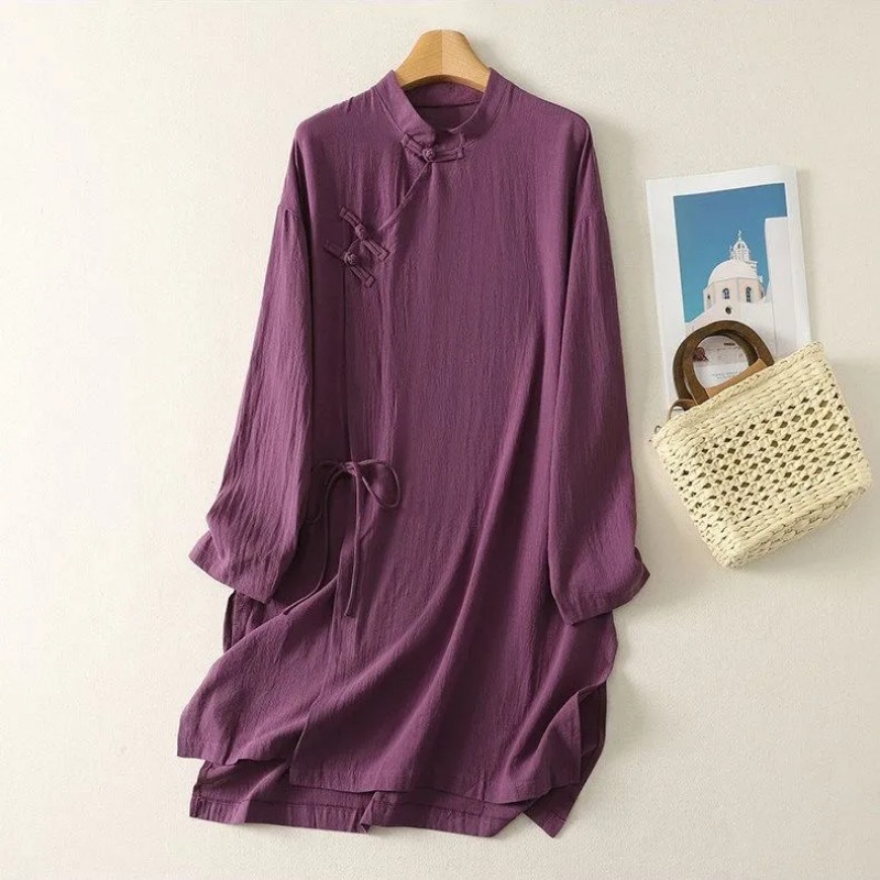 Casual Loose Linen Shirt Dress - 여성용 중국풍 개구리 단추 리넨 튜닉