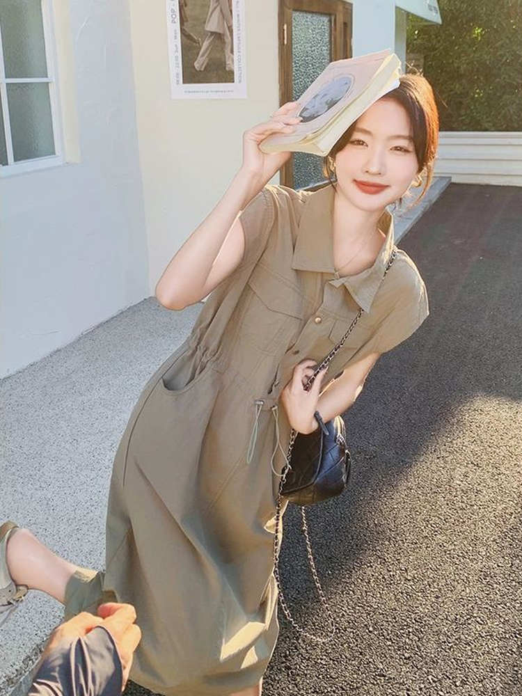 Korean Style A Line Shirt Dress - 슬리밍 플러스 사이즈 한국 스타일 통근