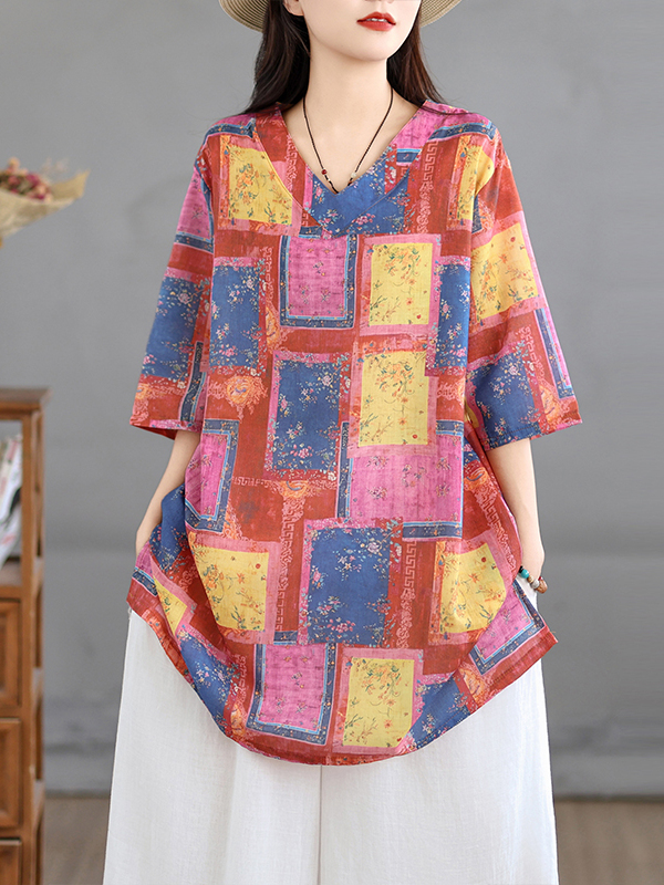 Casual Loose Linen Shirt Dress - 캐주얼 린넨 프린트 탑 빈티지 루즈핏