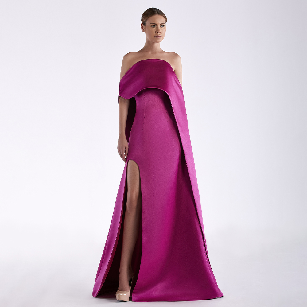 Elegant Satin Evening Gown Split - 자홍색 새틴 이브닝 원피스, 스트랩리스 사이드