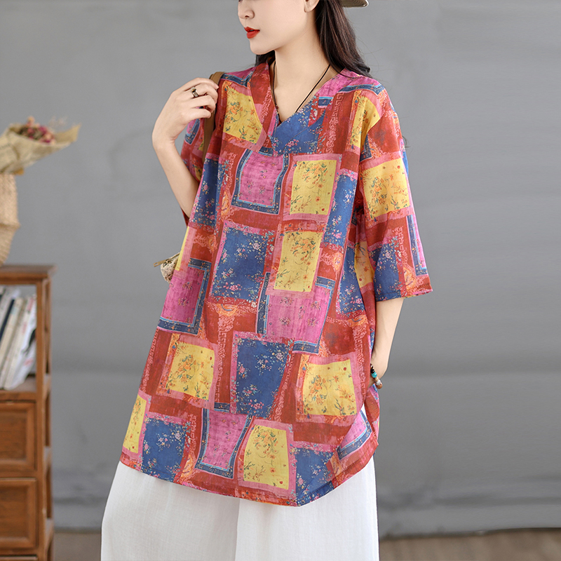 Casual Loose Linen Shirt Dress - 캐주얼 코튼 린넨 프린트 레트로 셔츠
