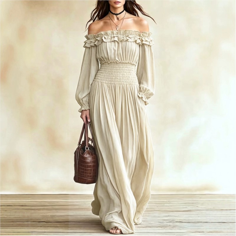 Off Shoulder Puff Sleeve Sundress - 여성 오프숄더 러플 맥시 드레스 롱