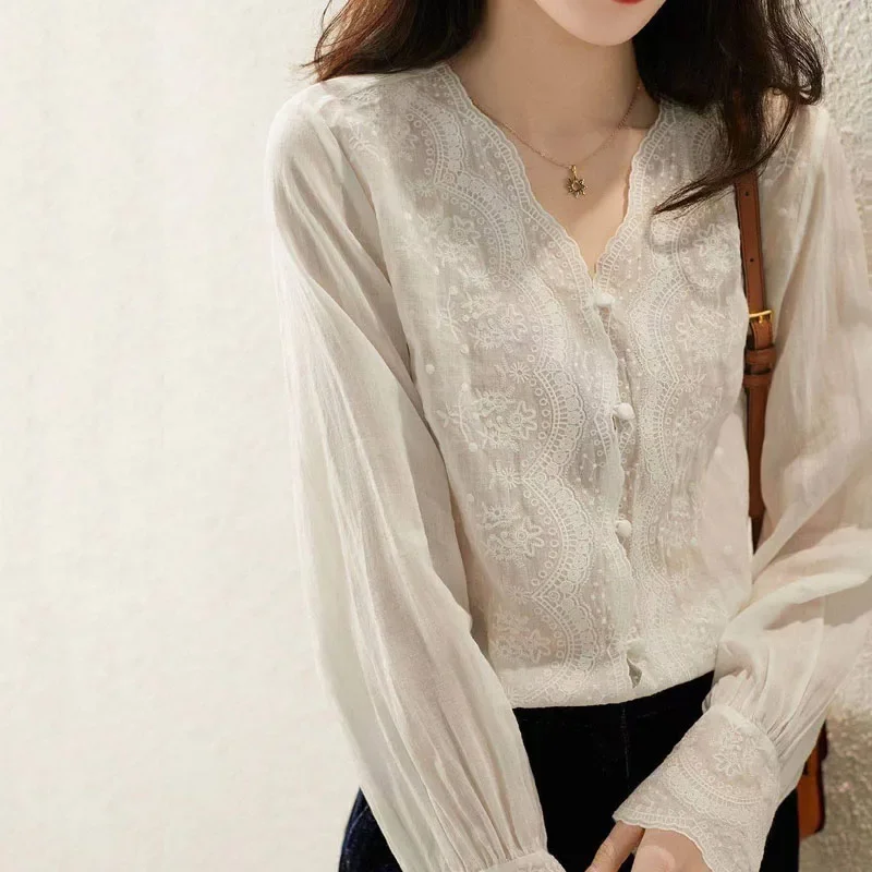 Casual Loose Linen Shirt Dress - GELITAYIN v 넥 긴 소매 리넨