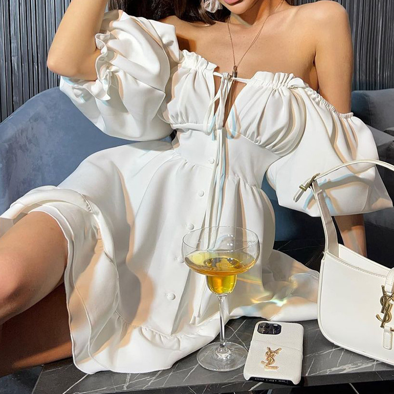 Off Shoulder Puff Sleeve Sundress - 여성용 오프 숄더 미니 드레스 여름