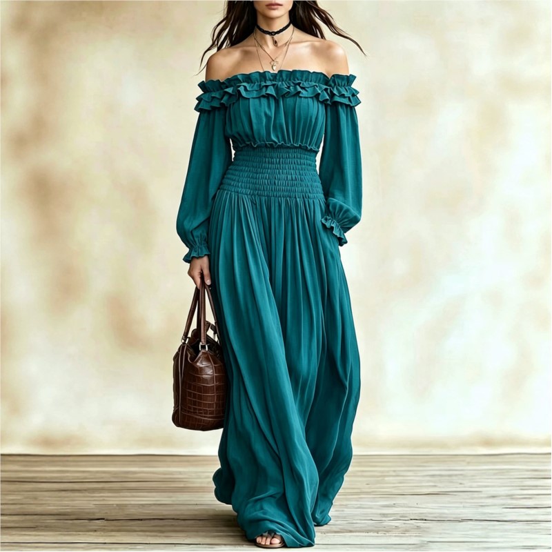 Off Shoulder Puff Sleeve Sundress - 오프숄더 패션 맥시 드레스 여성 가을