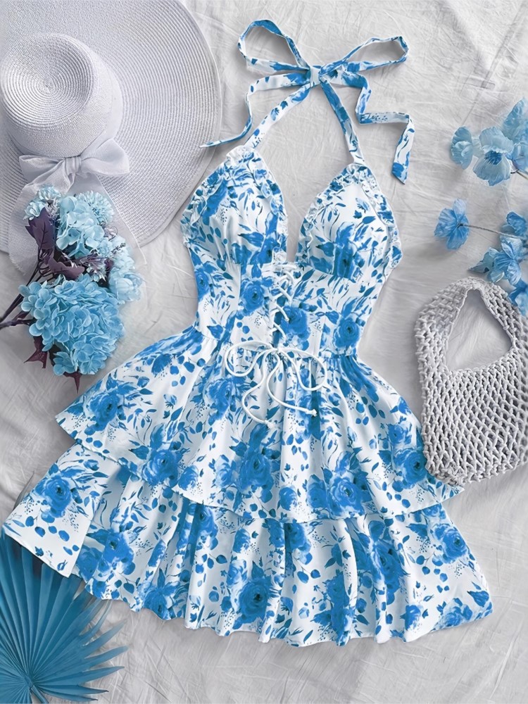 French Vintage Floral Midi Dress - 여성 휴가 스타일 레트로 짧은 드레스