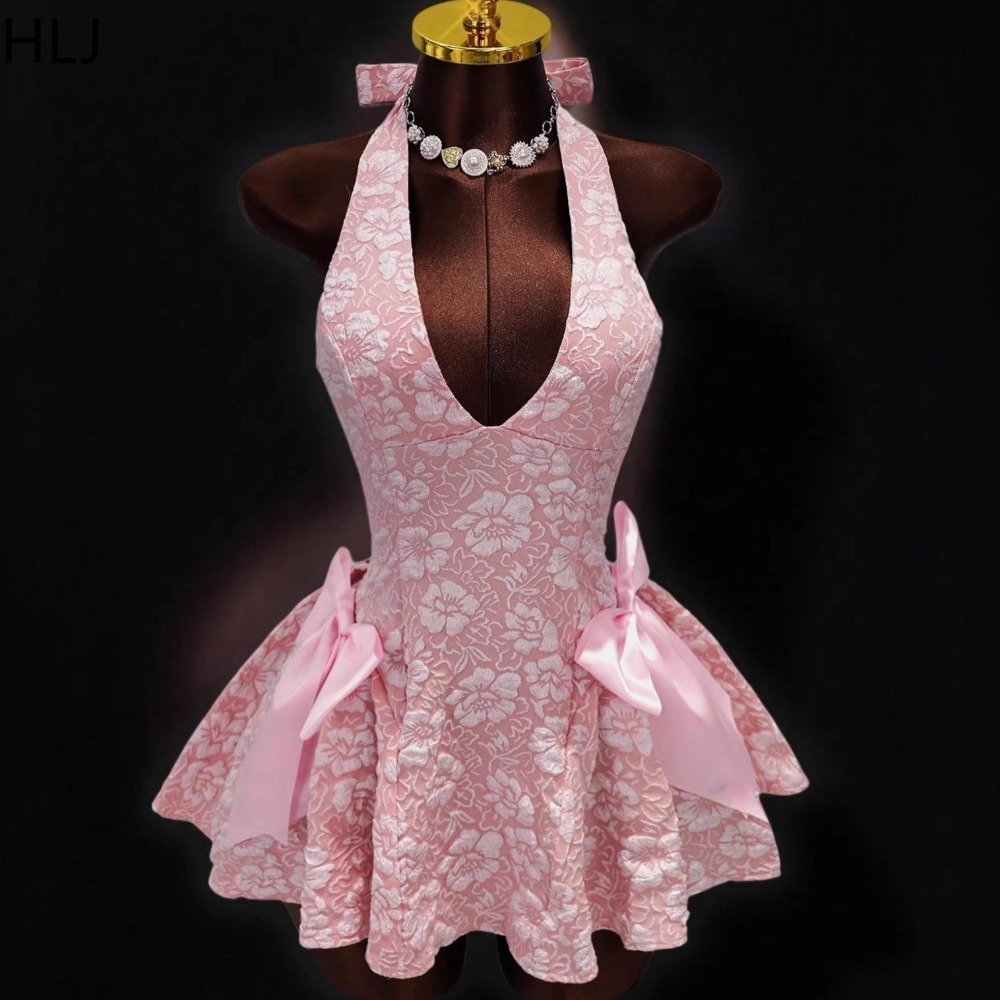 Y2K Backless Halter Mini Dress - HLJ Y2K 섹시한 자카드 패치 워크