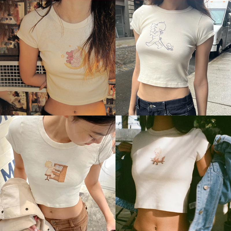 Y2K Graphic Baby Tee Crop - Angel Baby 여성용 그래픽 슬림 티셔츠,