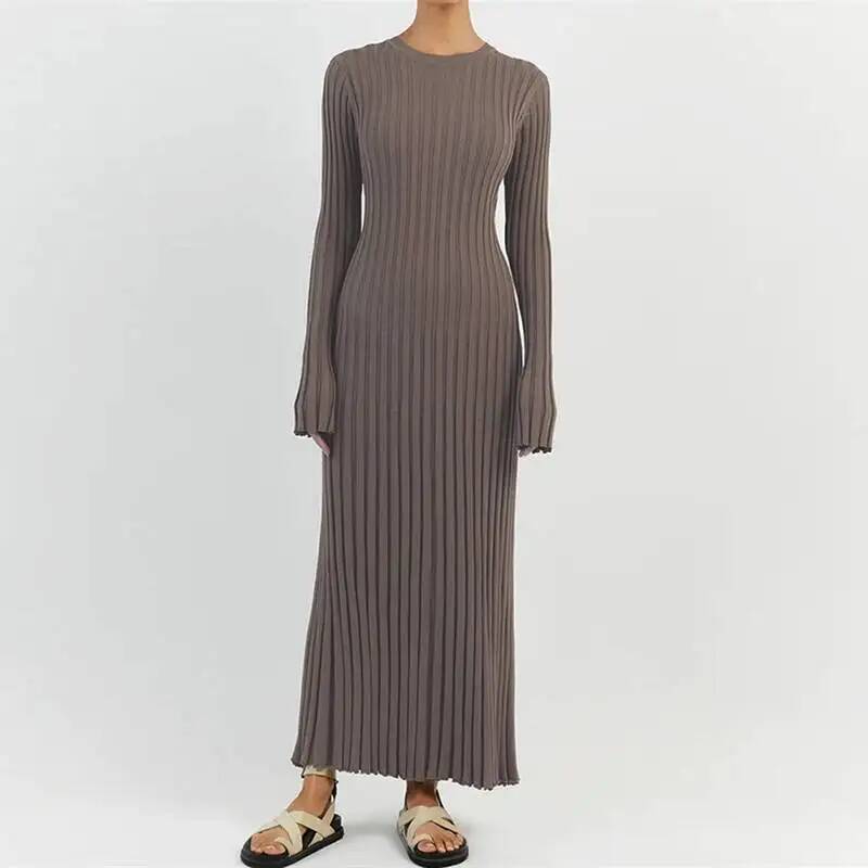 Bodycon Long Sleeve Ribbed Dress - 여성 우아한 골지 니트 풀 슬리브