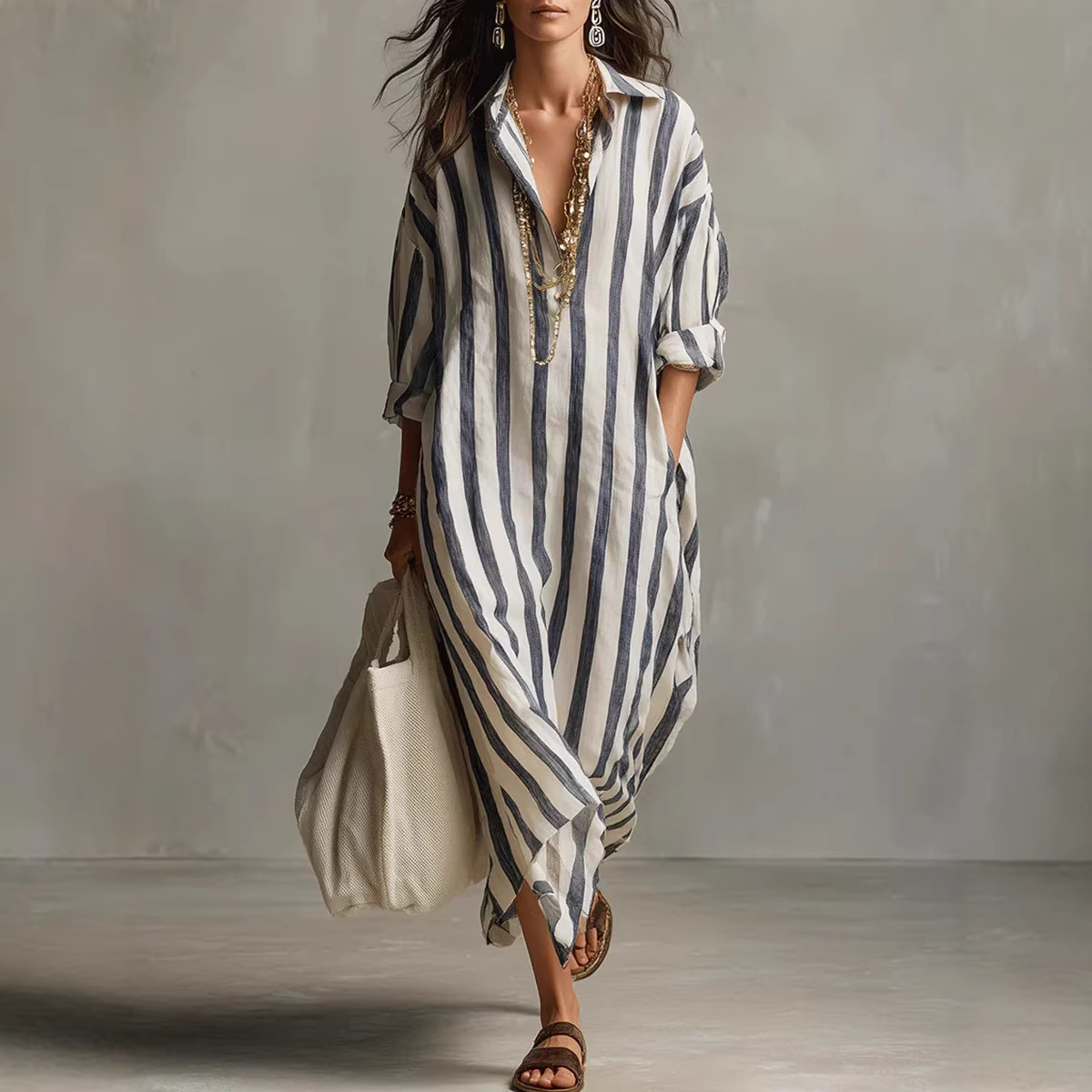 Casual Loose Linen Shirt Dress - 여름 우아한 턴다운 칼라 린넨 스트라이프