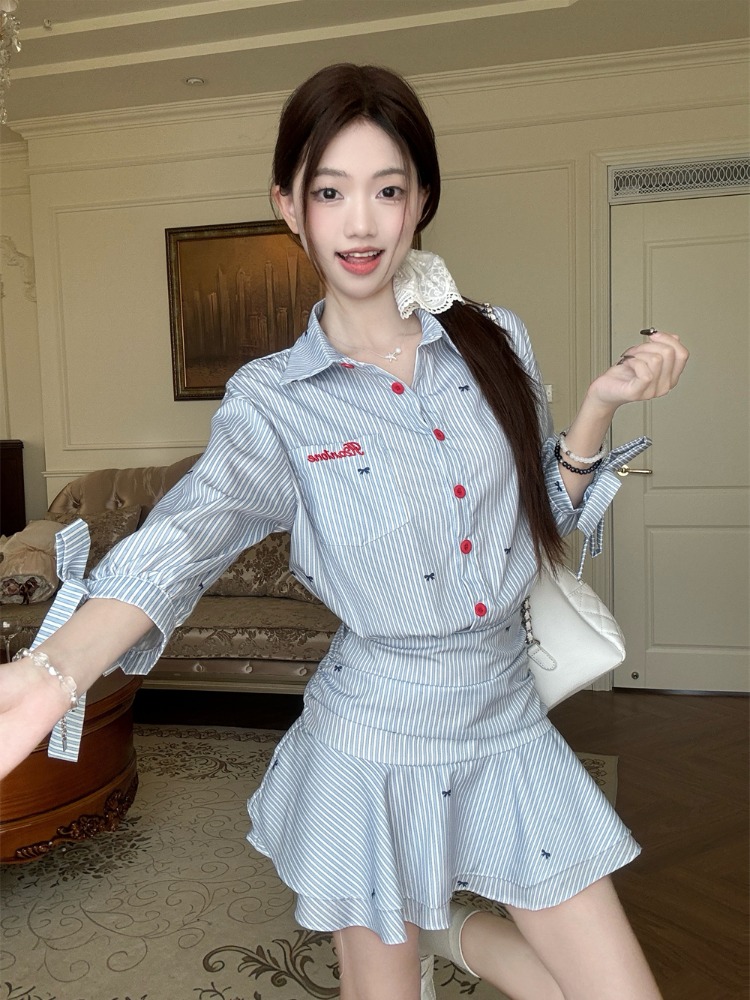 한국 스타일 캐주얼 스트라이프 셔츠 드레스 블루 A라인 - Korean Style A Line Shirt Dress 리뷰 및 가격