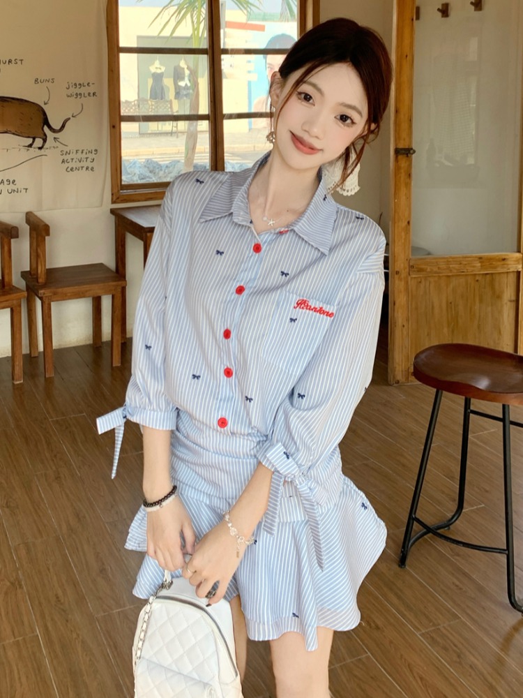 한국 스타일 캐주얼 스트라이프 셔츠 드레스 블루 A라인 - Korean Style A Line Shirt Dress 리뷰 및 가격