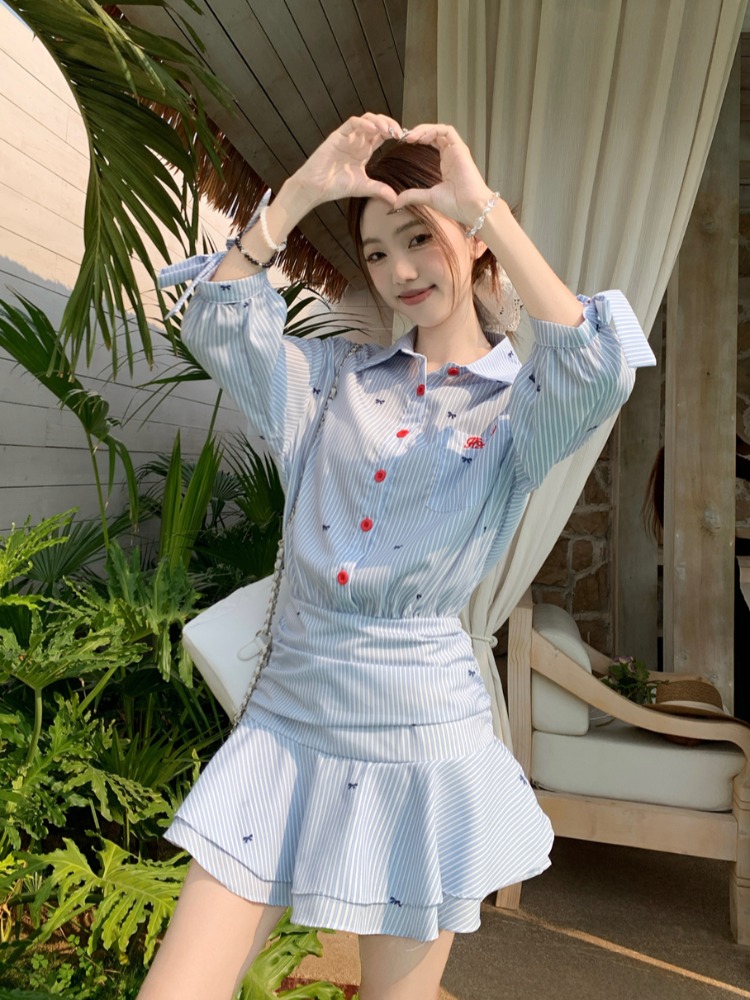 한국 스타일 캐주얼 스트라이프 셔츠 드레스 블루 A라인 - Korean Style A Line Shirt Dress 리뷰 및 가격