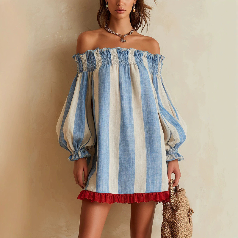 2026 여성 오프 숄더 드레스 블루 베이지 스트라이프 - Off Shoulder Puff Sleeve Sundress 리뷰 및 가격