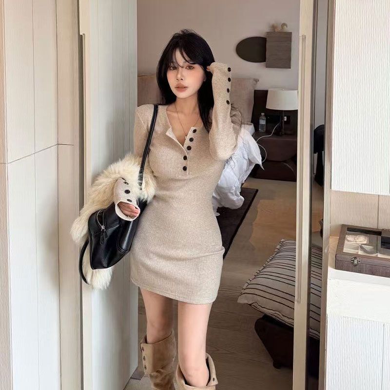 Y2k 여성용 바디콘 니트 드레스 한국 스타일 슬림핏  - Bodycon Long Sleeve Ribbed Dress 리뷰 및 가격