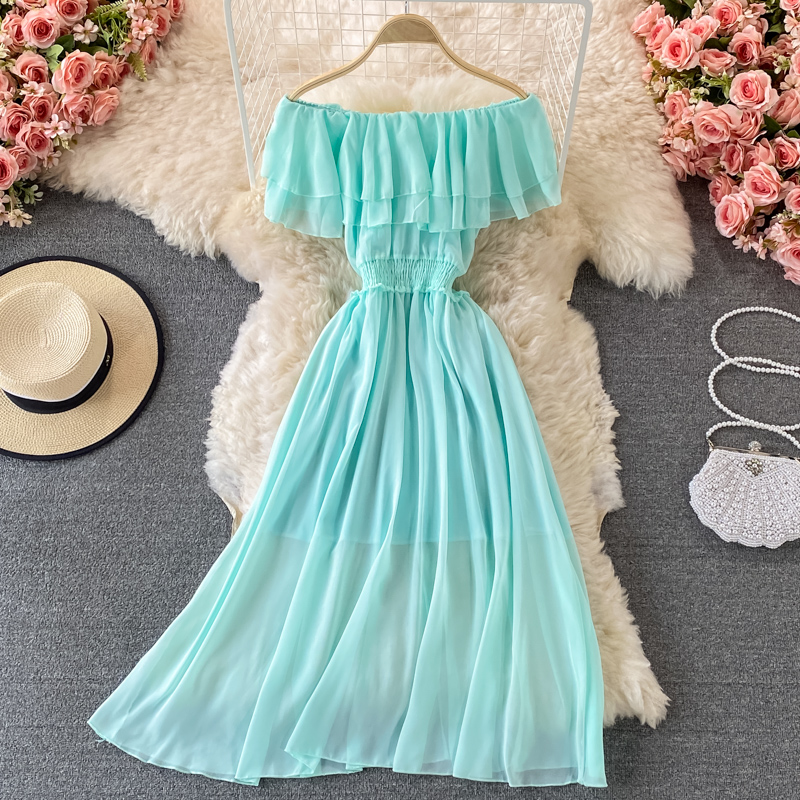 여성용 옐로우 솔리드 비치 원피스, 섹시한 오프 숄더  - Off Shoulder Puff Sleeve Sundress 리뷰 및 가격