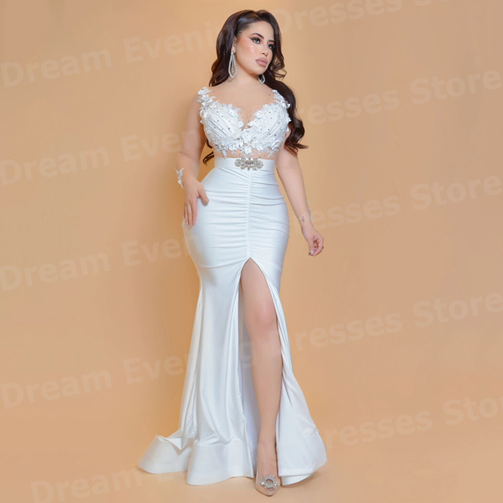 우아한 화이트 머메이드 여성 이브닝 드레스 긴팔 맞춤형 - Elegant Satin Evening Gown Split 리뷰 및 가격