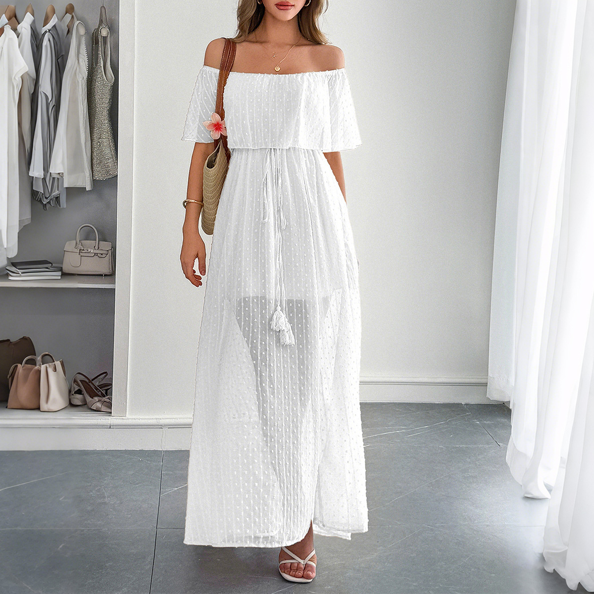 우아한 여성 여름 캐주얼 도트 오프숄더 롱 드레스 휴가 - Off Shoulder Puff Sleeve Sundress 리뷰 및 가격