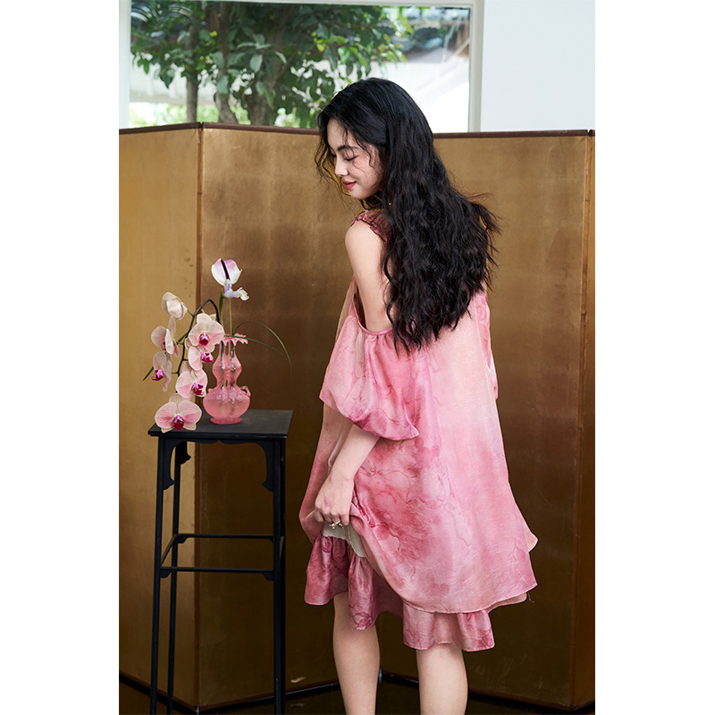 ELFSACK 여성용 타이다이 자카드 시폰 드레스, 홀 - Off Shoulder Puff Sleeve Sundress 리뷰 및 가격