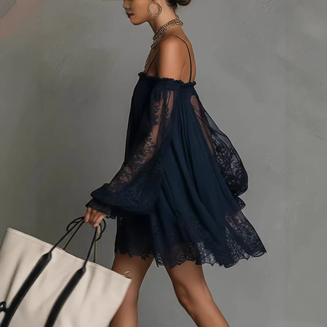 오프숄더 레이스 미니 드레스 스파게티 스트랩 시스루 퍼 - Off Shoulder Puff Sleeve Sundress 리뷰 및 가격