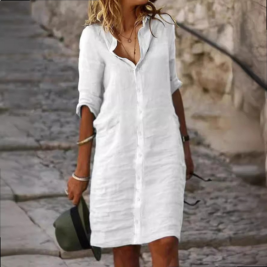 루즈핏 버튼다운 미디 셔츠 드레스 코튼 린넨 블라우스  - Casual Loose Linen Shirt Dress 리뷰 및 가격