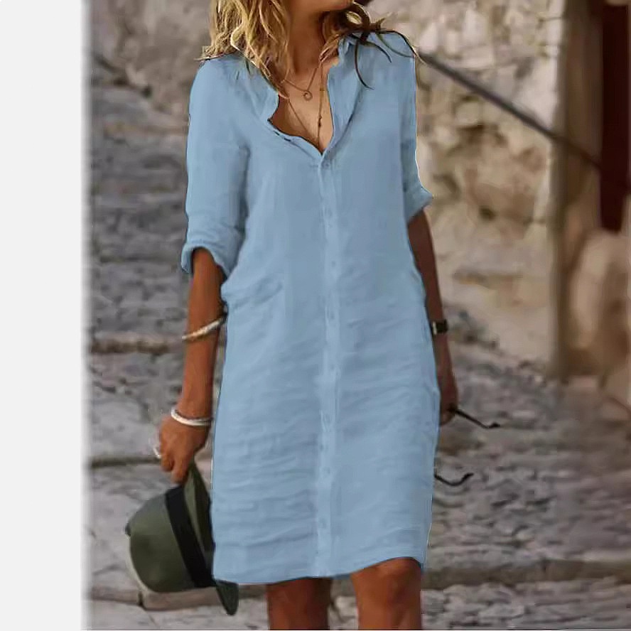 루즈핏 버튼다운 미디 셔츠 드레스 코튼 린넨 블라우스  - Casual Loose Linen Shirt Dress 리뷰 및 가격