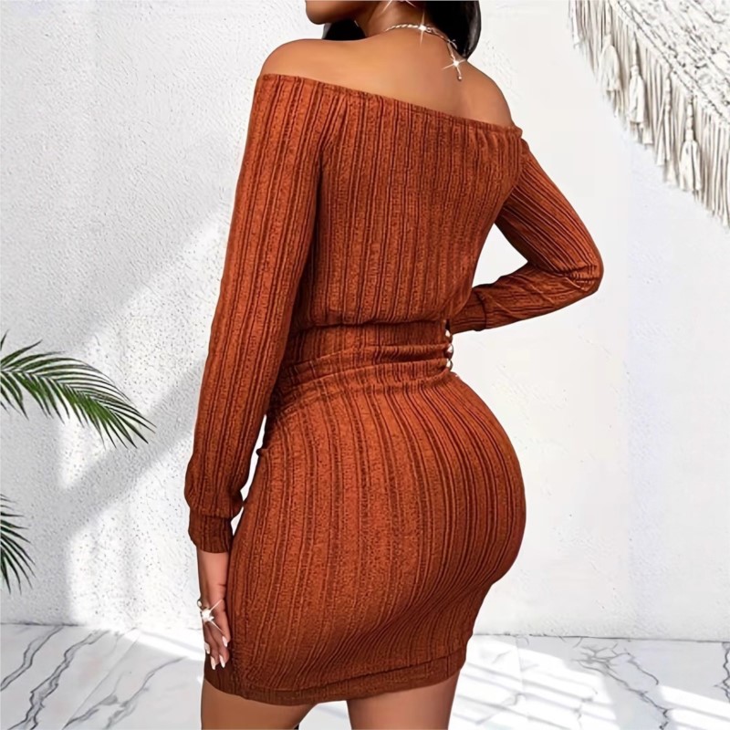 여성 패션 드레스 봄 가을 우아한 오프 숄더 리브 섹시 - Bodycon Long Sleeve Ribbed Dress 리뷰 및 가격