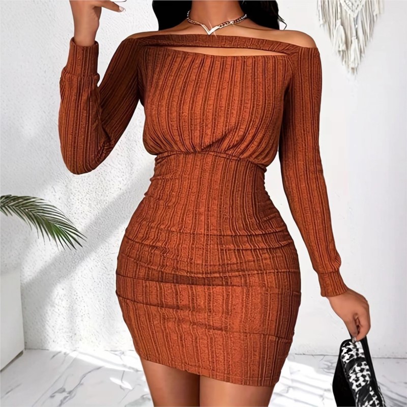 여성 패션 드레스 봄 가을 우아한 오프 숄더 리브 섹시 - Bodycon Long Sleeve Ribbed Dress 리뷰 및 가격