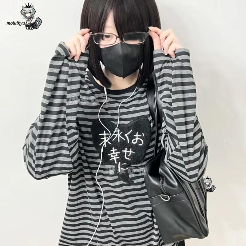 Y2K 아메리칸 펑크 빈티지 O 넥 긴팔 셔츠 올 매치 - Blouses 리뷰 및 가격
