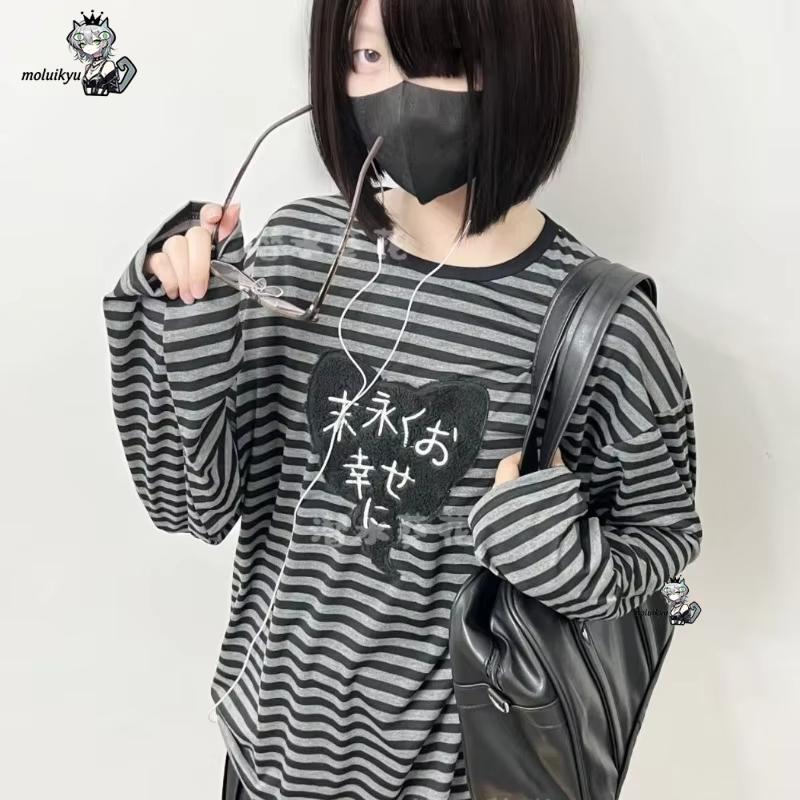 Y2K 아메리칸 펑크 빈티지 O 넥 긴팔 셔츠 올 매치 - Blouses 리뷰 및 가격