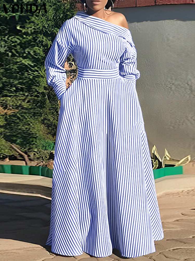 VONDA 여성용 우아한 스트라이프 맥시 원피스 보헤미 - Off Shoulder Puff Sleeve Sundress 리뷰 및 가격