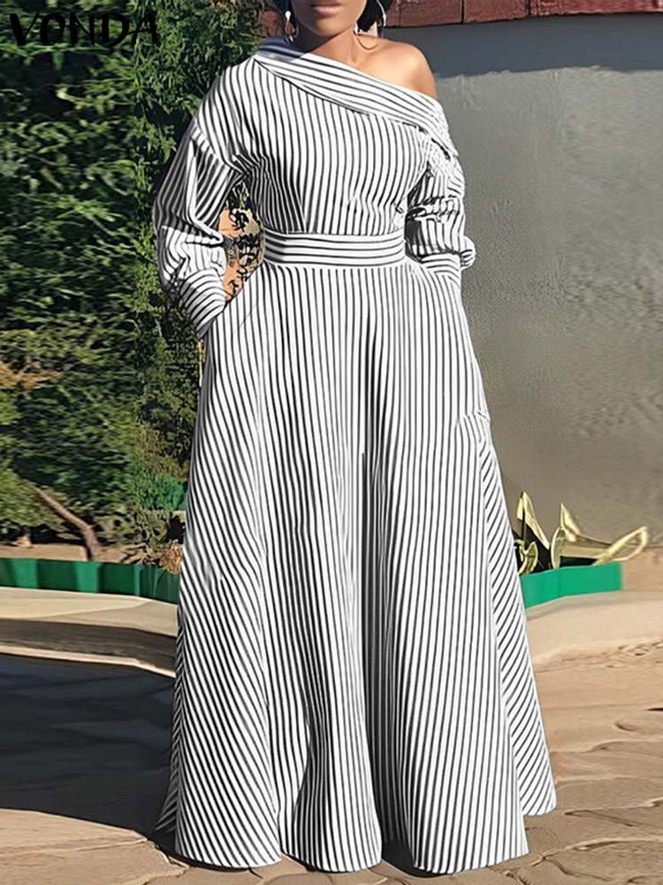 VONDA 여성용 우아한 스트라이프 맥시 원피스 보헤미 - Off Shoulder Puff Sleeve Sundress 리뷰 및 가격