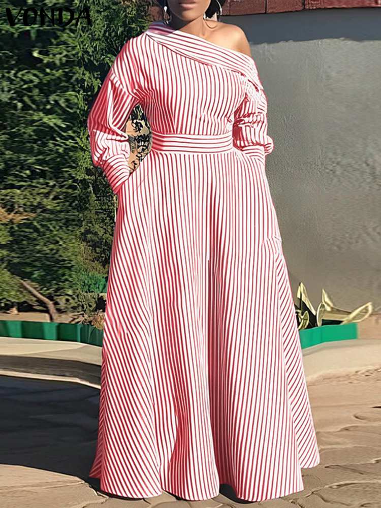 VONDA 여성용 우아한 스트라이프 맥시 원피스 보헤미 - Off Shoulder Puff Sleeve Sundress 리뷰 및 가격