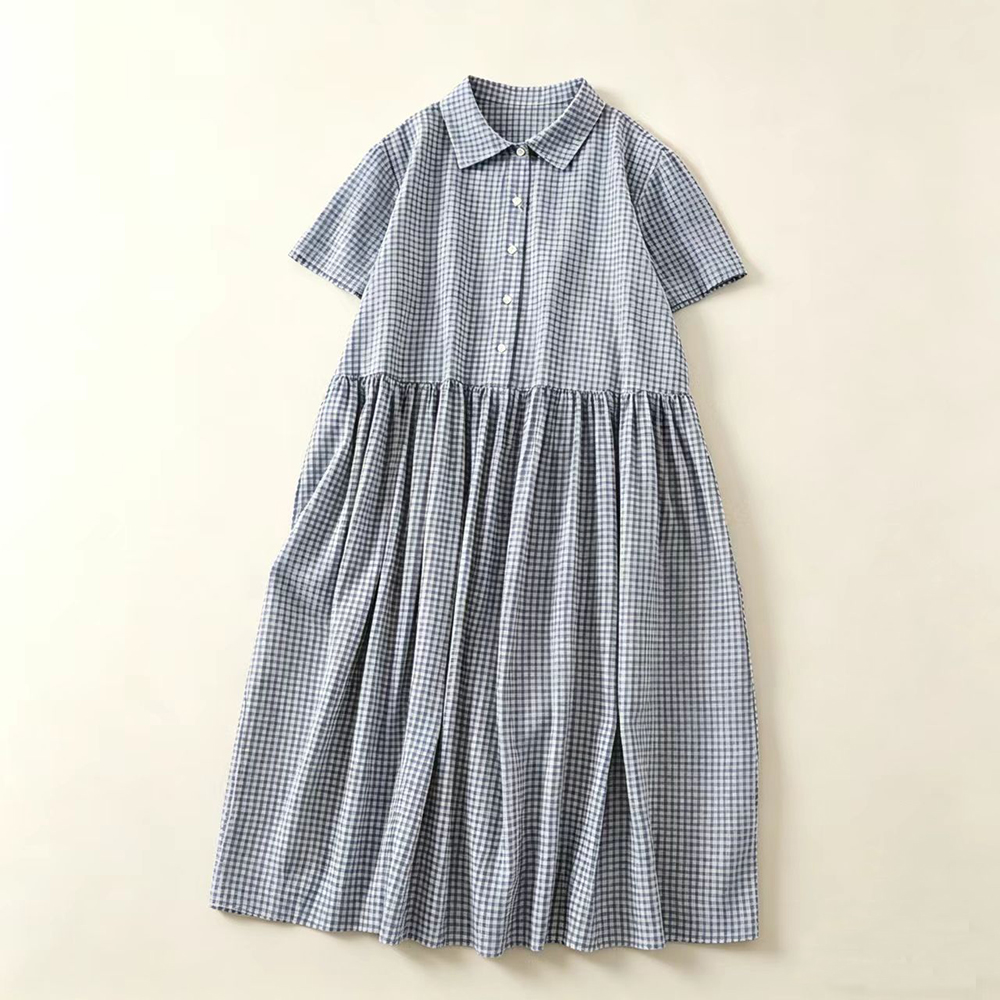 블루 체크 칼라 미디 드레스 여성 여름 새로운 루즈핏  - Casual Loose Linen Shirt Dress 리뷰 및 가격