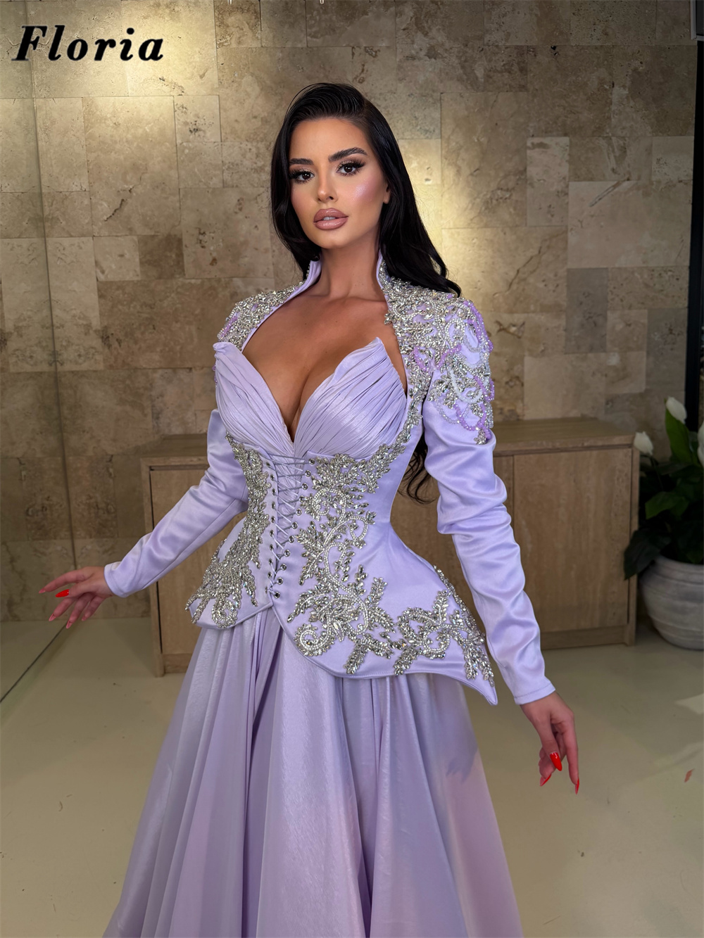 라일락 우아한 3피스 비딩 프롬 드레스 아랍 스타일 사 - Elegant Satin Evening Gown Split 리뷰 및 가격