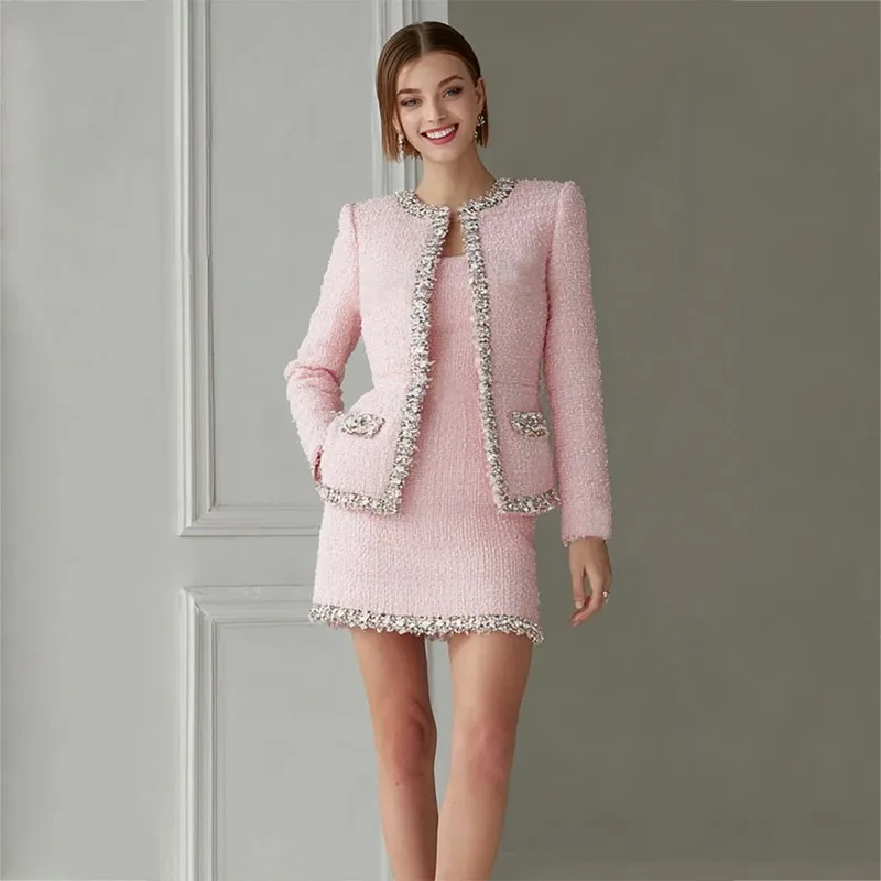 프리미엄 핑크 트위드 여성 투피스 의상, 비즈 장식 블 - Tweed Two Piece Blazer Dress 리뷰 및 가격